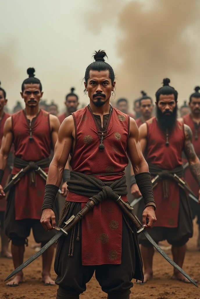 Lanna soldiers take off their shirts and stand holding double swords.