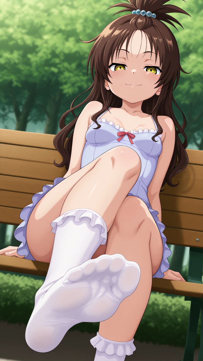 1 young beautiful girl, (20 year old girl:1.3), anime girl, anime CG style, crouching in a flower park, blue sky with white clouds, strong wind, brown hair, gradient hair, 2 bangs, crossed bangs, red bangs, long hair, ponytail, wavy hair, expressive hair, shiny hair, hair flower, hair ornament, butterfly hair ornament, lolita hairband, yellow hairband, pupils sparkling, aqua eyes, crystal earrings, makeup, smile, Natural smile, cutesmile, A captivating smile, (looking at the viewer:1.2), glossy lips, blush, tongue out, bright pupils, seductive smile, happy, beautiful face details, (pretty nose:1.3), green butterfly earrings crystal, large and round breasts, low chest, Elegant dress, turquoise green dress, short sleeves, floral dress with white lace, white bow sandals with flower, yellow panties, (show panties:1.4), (panty shot:1.3), (upskirt:1.3), (squat:1.4), put the heel on the ground, spread her legs a little, squat with her knees up, Attach her butt to the ground, good lighting, Front view, ass pov, close-up, from below, perspective, Wide-Angle, move the center of gravity front, squat deep in the park fields, whole body, perfect body, high detail, dithering, image fill, outside border, f/1.8, 85mm, Nikon, 8K, super detail, uhd, uhd, retina, masterpiece, anatomically correct, textured skin, super detail, high quality, best quality