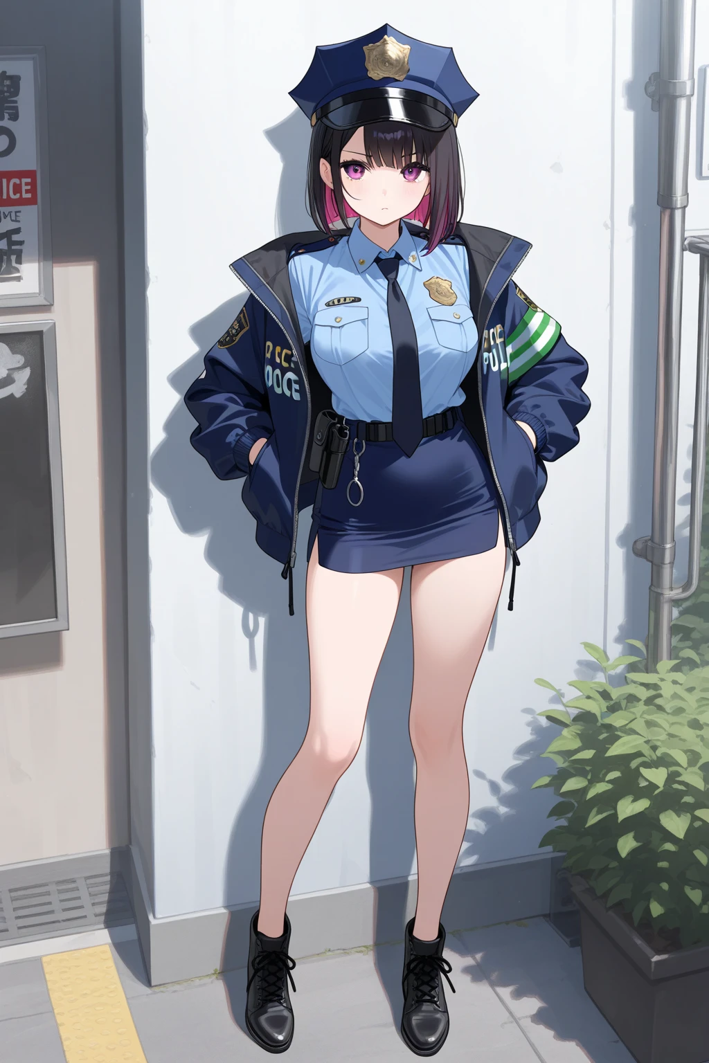 High quality, red hair, short hair, small tits, female police officer, sexy outfit, Not wearing underwear, short skirt, Slut, in public, 4k