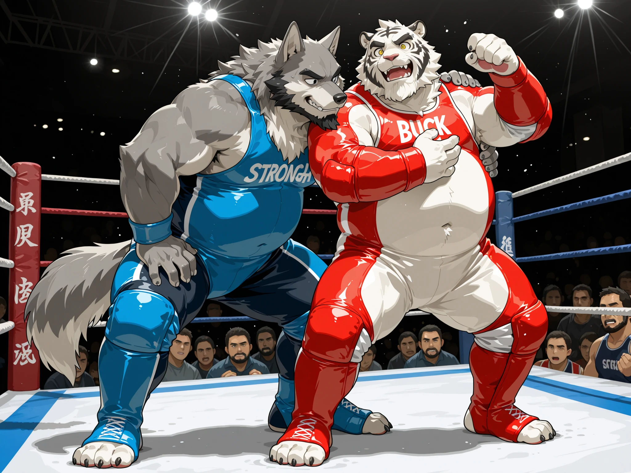 Huge muscular thick white fur Polar Bear bodybuilder shirtless in blue MMA shorts, blue MMA gloves and blue foot wear, muscular Timberwolf bodybuilder shirtless in red MMA shorts, red MMA gloves and red foot wear, at the MMA tournament. MMA Polar bear vs MMA Wolf challenger. Fighting cage match, puch and kick
