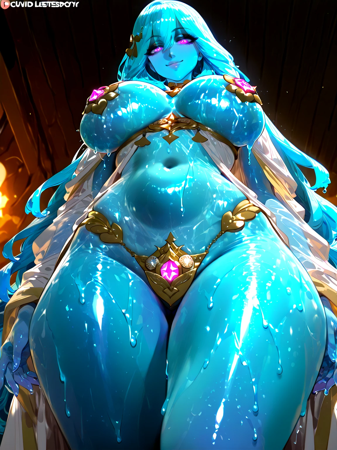 [(BLUE SKIN)], Sexy futanari water/ice goddess, draenei, glowing eyes, colored sclera, tail ornament, hooves, [very BLUE] skin, [white] eyes, [deep blue] hair, big breasts, long hair, wavy curly hair, curvy athletic body, huge blue penis, heavy penis, dripping cum, huge testicles, long futanari cock, horse cock, blue skin, hand gripping penis, hand gripping breast, staring at viewer, sexually hungry gaze, Icy castle 