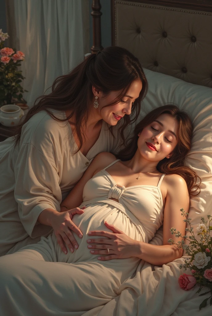 2 pregnant lesbian s with big breasts kissing each other's lips while laying in bed