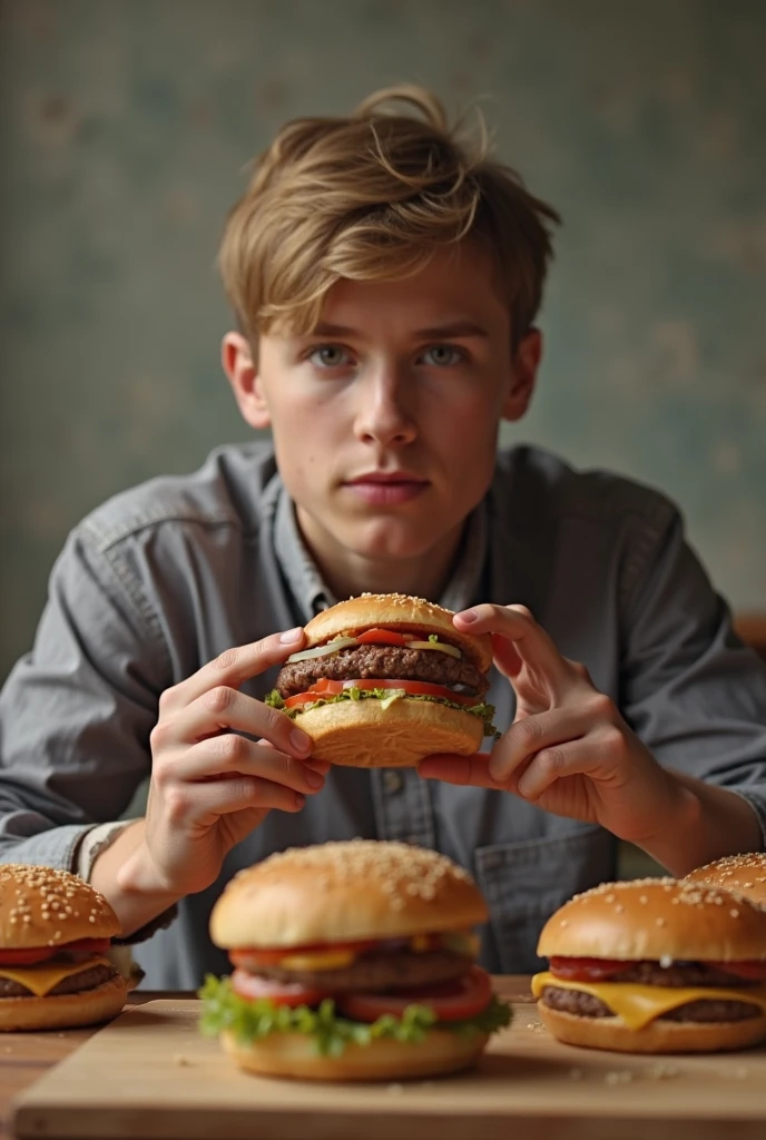 kodak portra 400, 8k, highly detailed, britt marling style, colour studio - portrait of a handsome 8 year old ((sks man)) holding a sandwich, muted colours, up face with 1920s hair style and cloth style, asymmetrical, hasselblad