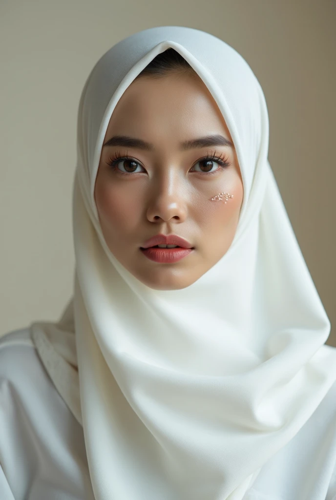 Half body portrait .Hijab girl in studio . Two light photography. Shoot by canon r1. Two soft light come from godox v1.. blue background. Pink lips. Hidung pesek. Dahi luas . Pakai selendang.