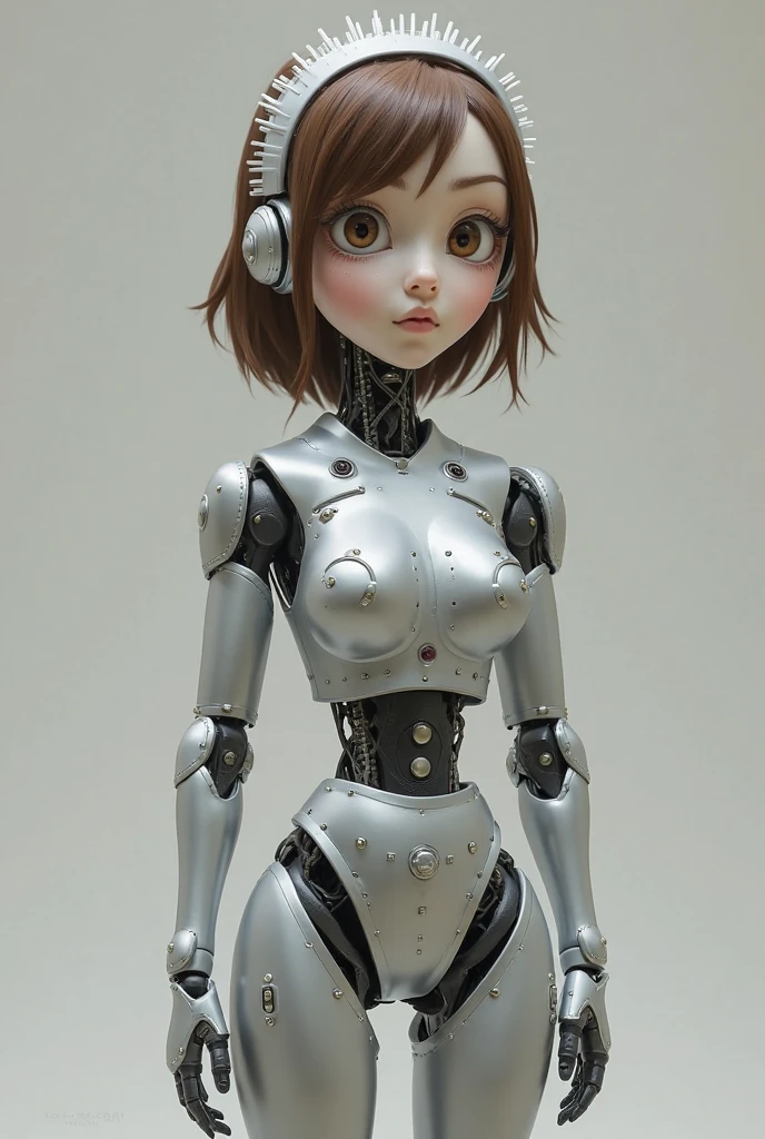 A Female robot exposes her inside mechanical organ. spread legs, nude, banzai pose. she wears no dress. Her Brown very short pigtails is tied with two big red clothespins, masterpiece, mature, android, blue eyes, full body, Height: 160cm, flushed cheeks, Uplifting, No NSFW, whole body, barefoot, archaic smile, orgasm, sweat bucket. no panties, full body shot, floating hair, looking away. cyborg made from rung to heaven. She leans arching her back hi-res position.