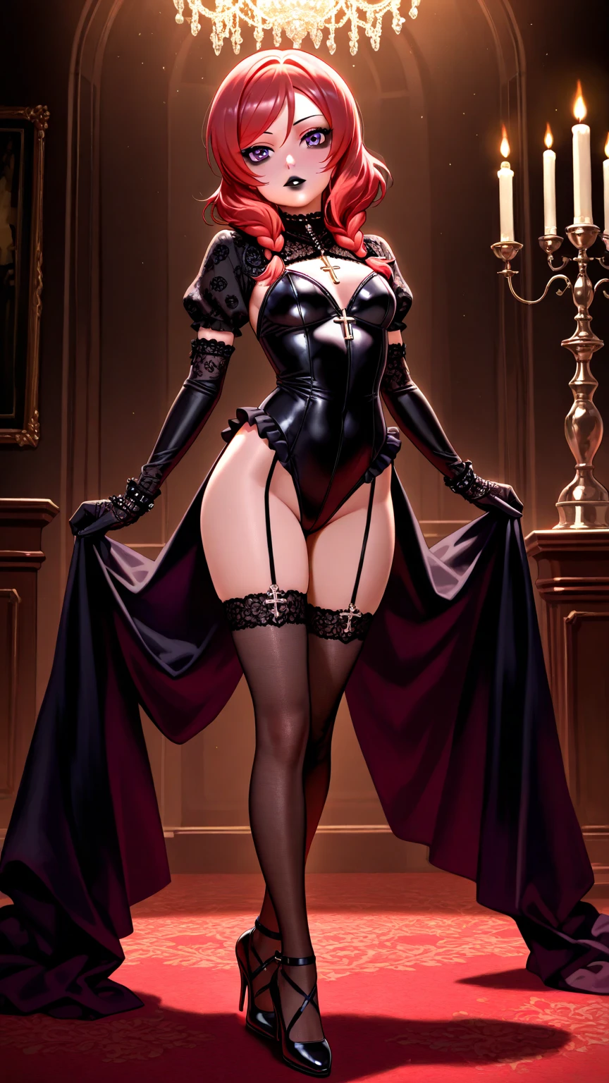 1girl, female mature elf, curvy body build, short red hair, blue eyes, black off shoulder evening gown, black stiletto high heels, black leather thigh high stockings, seductive smile, seductive pose, standing in modern hallway, full pouty lips, front view, head tilted towards viewer