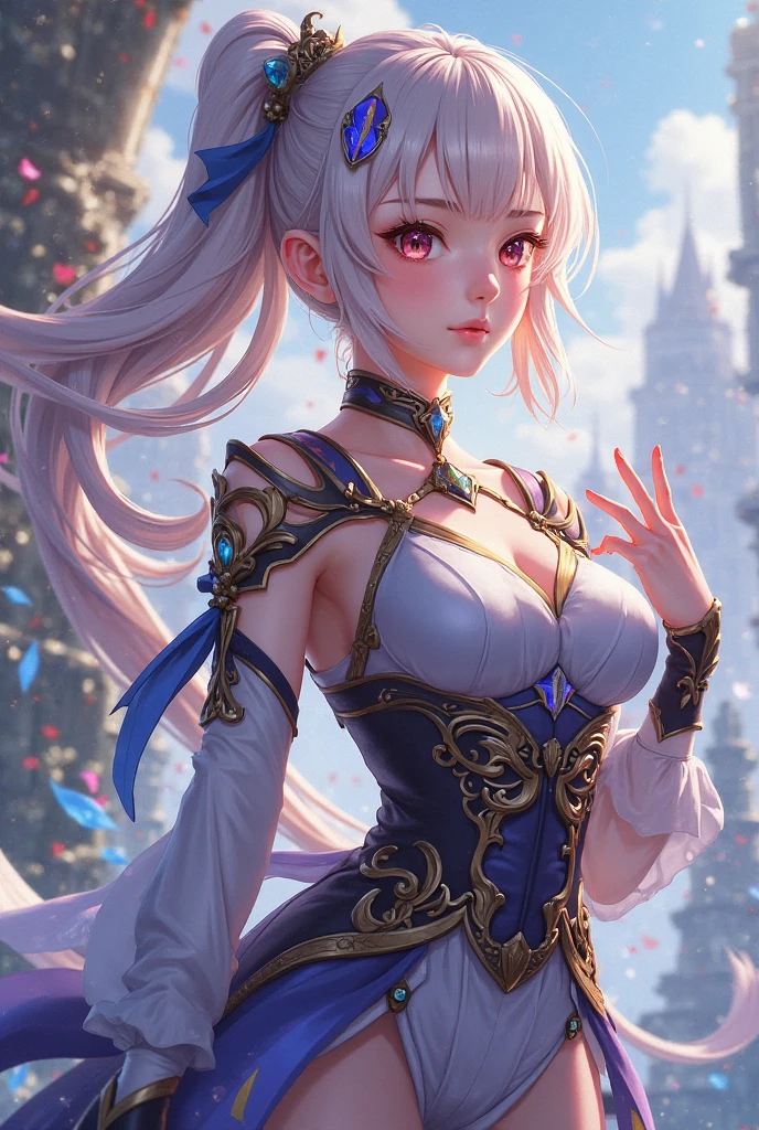 (best quality,photorealistic:1.37),ultra-detailed,fantasy-inspired,white hair,purple eyes,shimmering eyes,short top,skirt,parted lips,blush,night,flowers,sun,sunlight