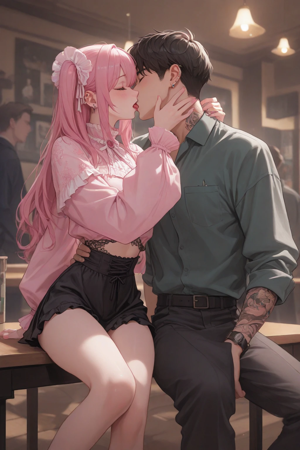 Young girl with pink hair, long twintail hairstyle, ((small bushy eyebrows)), wearing lolita clothes, lolicon (Zankuro) drawing style by zankuro artist, Zancrow style, image uploaded in R34,in the mall, flirty smile , suddenly having sex in public, ((doggy style sex)), ((public sex in a restaurant)) naked ass in the male crotch, perfect anatomy, ((many people sitting around at the same table as her))