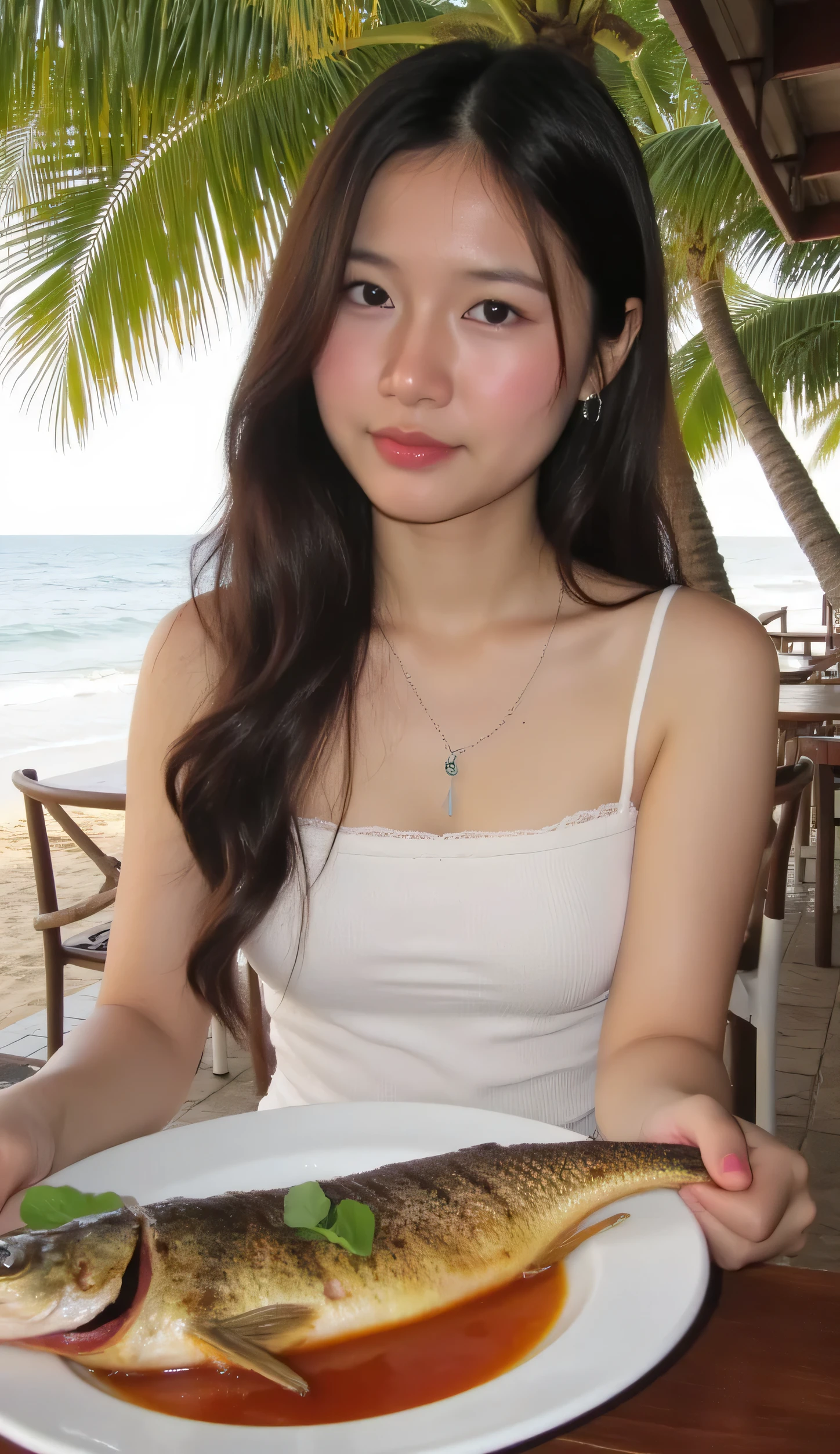 🐟 7. grilled Thai mackerel (Pla Thu Yang / Grilled Thai mackerel), девушка кушает на beachе, freshly inserted, Restaurant with sea views, palm trees, beach, colored birds, photorealistic image, Зеленые palm trees, flowers. Highly detailed natural.