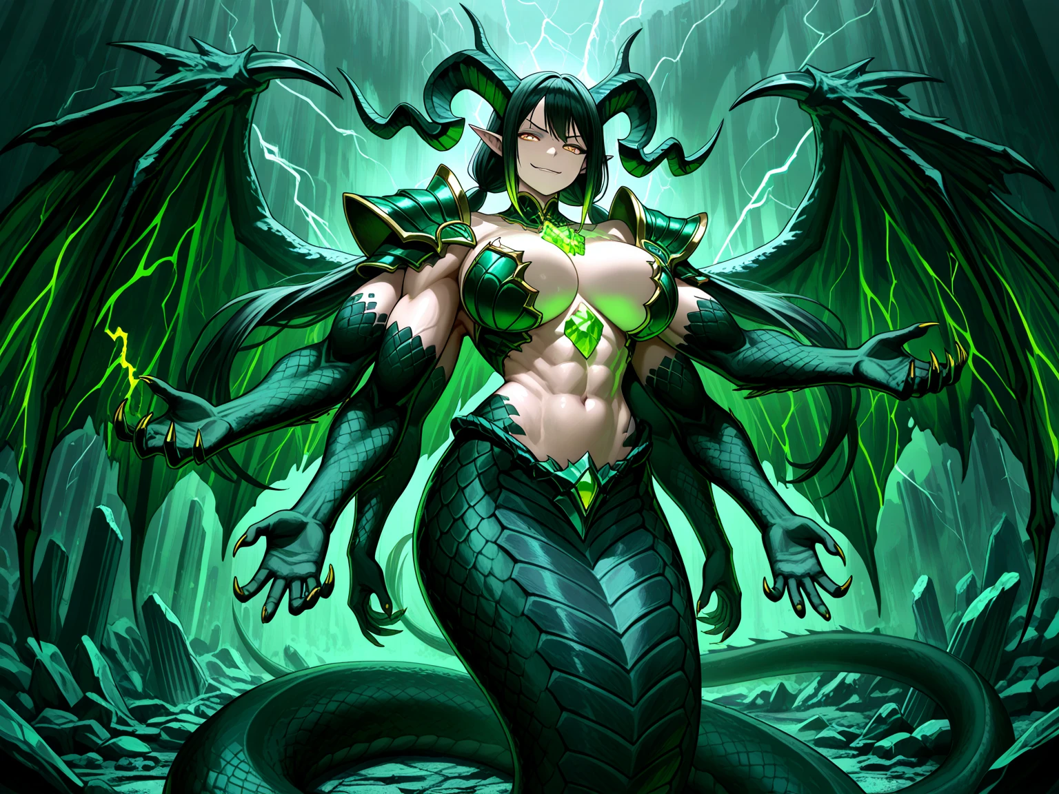 Cleopatra girl, pink ponytail hair, huge breasts, extreme muscular body, extreme muscular arms, extreme muscular tights, green scale skin, dragon horns, dragon wings, paws, 3 dragon tails.