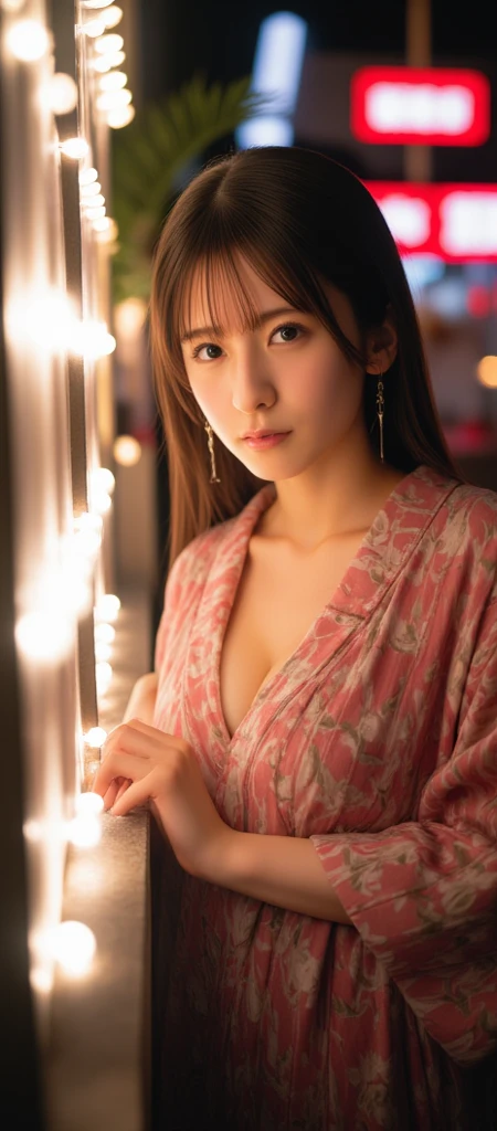 8K masterpiece　Raw photo　Best Quality　Japanese Yukata　femele　(Expose all shoulders)　Night festival　Show thighs　a miniskirt　full body Esbian　No shoulder straps, Kanzashi on the head　Waist-deep slit　Moderately large breasts　oblique