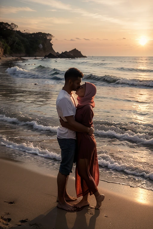 black skirt, with black headscarf, white t-shirt, Barefoot woman kissing man on the beach, 100 people are watching them