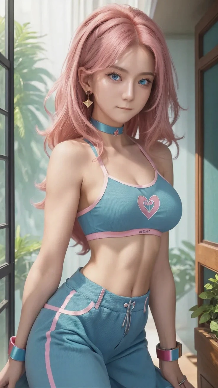 Woman, long wavy hair, pink hair, blue eyes, muscular body, muscle ,Big breast, gym clothes ,Pink hair 