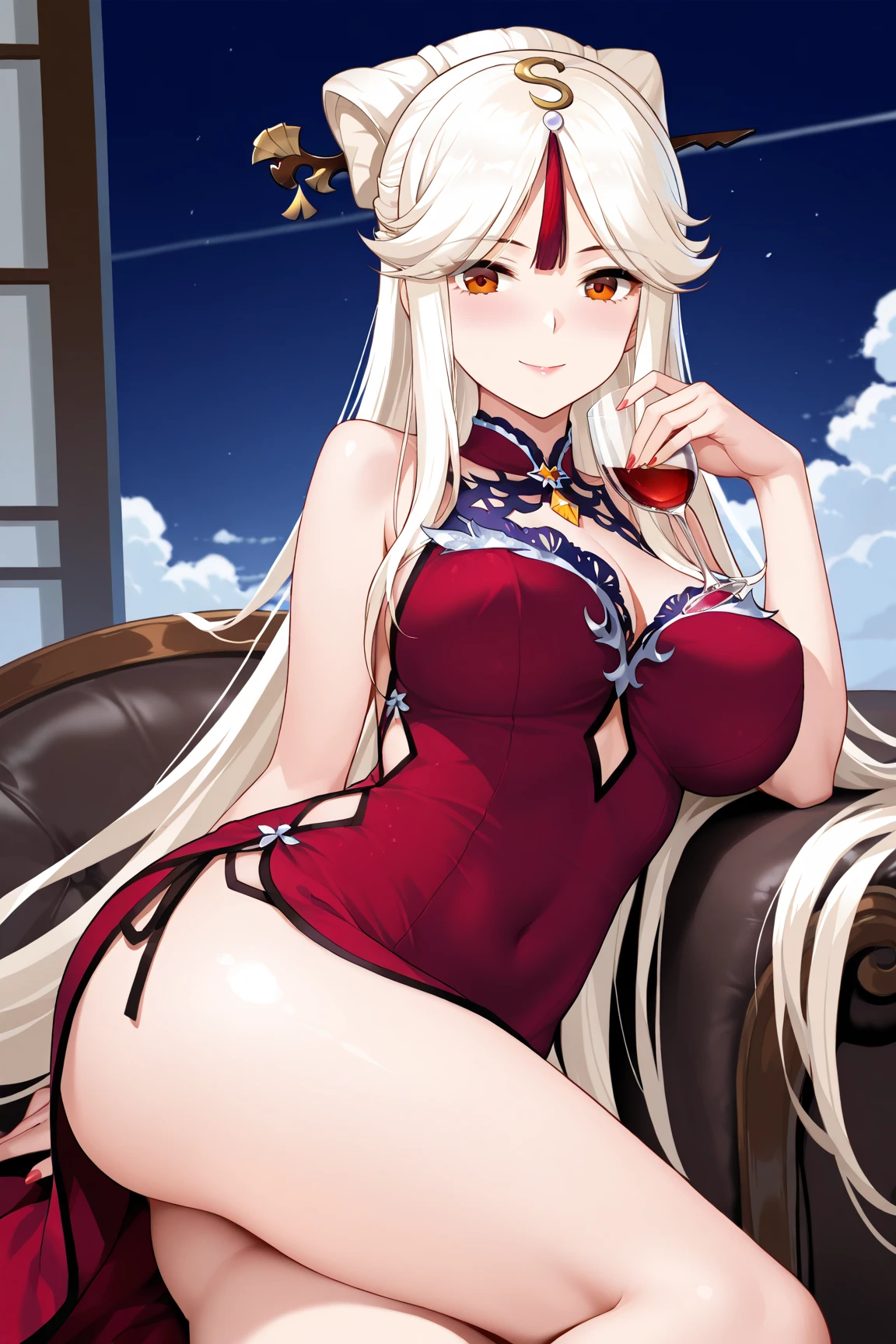 ((one personの女性)), Beautiful Face,((Wink:2.0)),((a woman in a sexy pose. She is lying on a sofa, supporting her head with one hand while the other hand is sensually running along her body. Her expression is seductive)),(Bright red cheeks:1.4),Laughing embarrassedly,Laughing with your mouth open,Glossy pink lips,Lighting on the face,night,Luxury,You can see the ocean,firework,((Anime style background)),masterpiece, highest quality, so beautiful, Latest, Complex details, (Pink long nails),(ring),(bracelet),(choker),AI-generated, Complex,High resolution, highest quality, super high quality,3D Images、View your viewers、3D Images,one person,Long white hair,High Ponytail,(blue eyes),Anime woman posing for a photo, ((Fine grain、Silvery white colorful eyes、Shining Eyes:1.2)),(Squint your eyes:1.1),a hyperRealistic , hyperRealistic , Realistic,Anime woman with long and white hair, Smooth anime CG art, A woman in a colorful kimono with gold embroidery, (Black kimono),Red floral pattern,Long flower hair ornament,Big earrings,Mature Body,(Big Breasts:1.2),Mole on the areola,Exposed nipples,Exposed vagina,Sweat from the vagina,Tall,Big Ass,Fine details,Abdominal muscles,Narrow waist,(Zoom in on face:1.1)