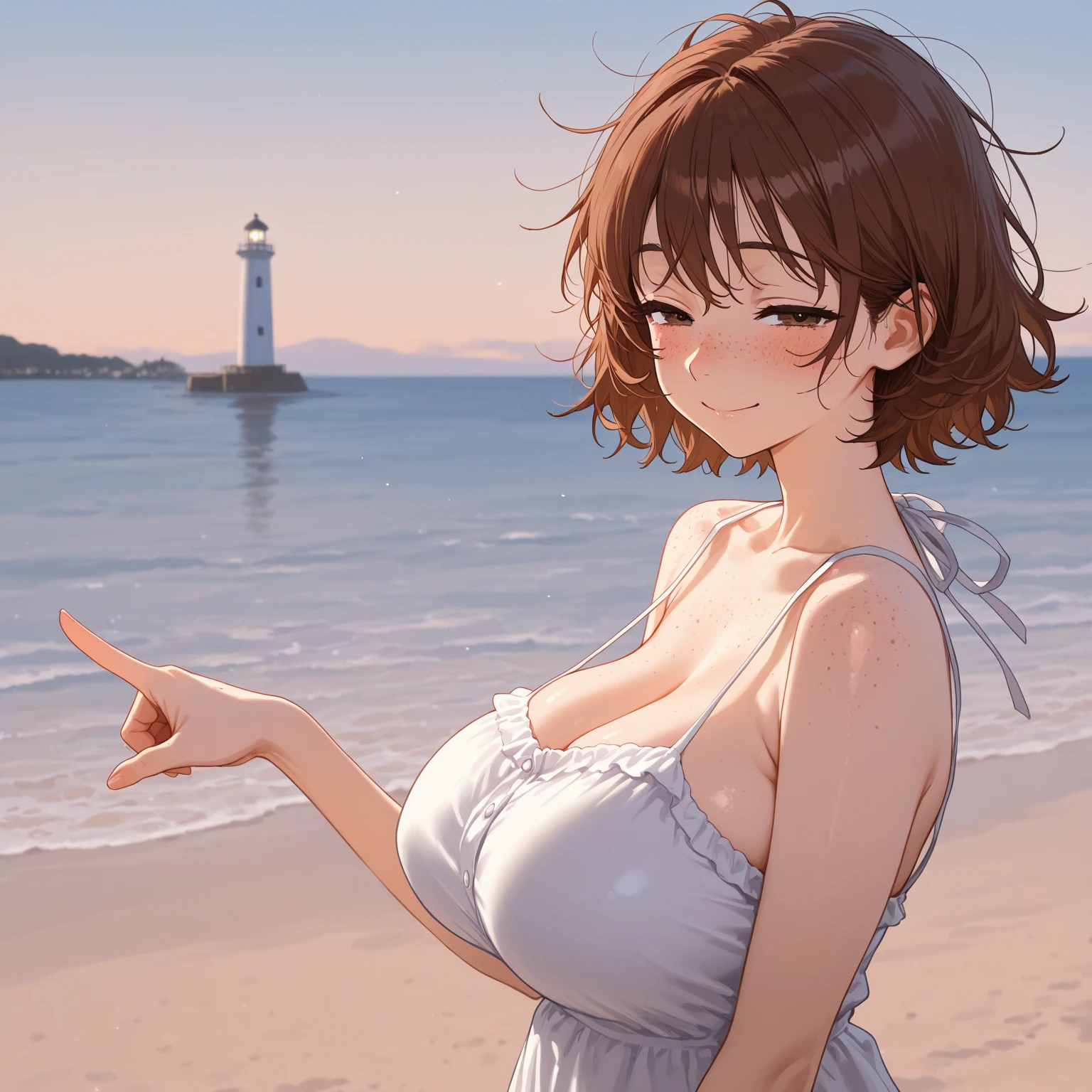 The paintings show an attractive woman with a large bust., Standing by the beach. She&#39;s wearing a light dress, hair fluttering in the wind. Background - sea with clear sky.. The image of a woman expresses grace, sexuality and confidence. The painting invites the viewer into the world of beauty and harmony of nature..