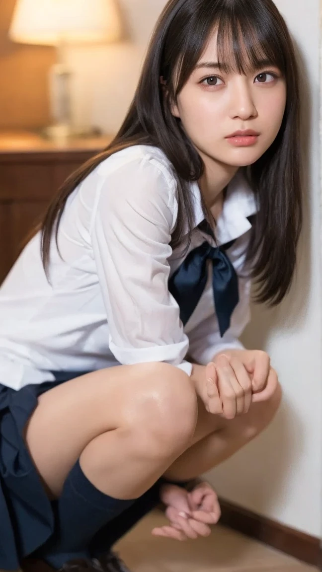 ((Breast enlargement)), (masterpiece, Highest quality:1.2), 8K, Young and beautiful girl, 85mm,Official AR RAW Photos, (Baby Face), ((Small face)), (((Super big breasts))), Detailed nipples, Show me your ears、photo shoot, Cute face, Thighs, Classroom after school, Looking at the audience, Embarrassing、smile、 makeup, Film Grain, chromatic aberration, Sharp focus, Face Light, Bright lighting, 10 generations, Detailed face, Background blur、((((((14 year old high school girl))))))、Narrow waist, ((Schoolgirl uniform, Pleated mini skirt)), (White tiny panties), Sit on the floor with your legs spread, (Looking up), Looking down from above