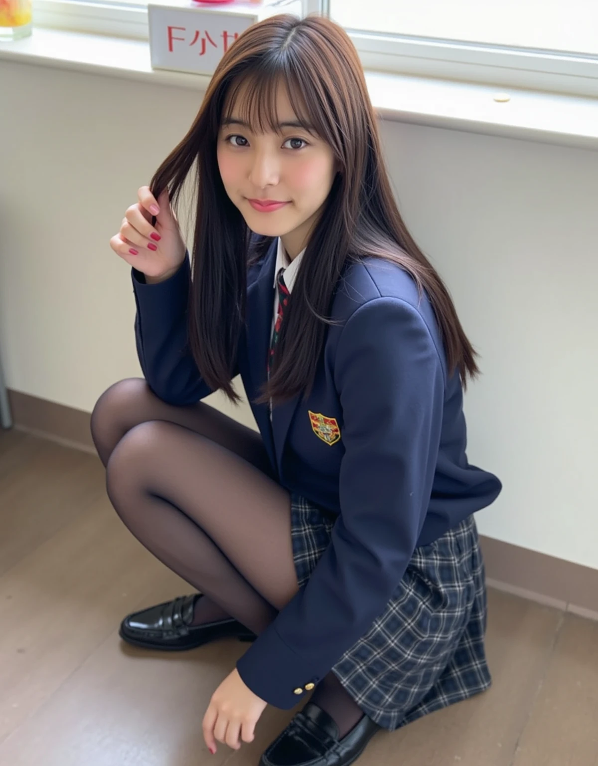 ((Highest quality)), Photogenic, Detailed skin, Detailed face, （Side-eyed tongue:1.5）,ahegao, Mouth Opening, Long wet tongue, Drooling tongue, School classroom,Red Tie Uniform, ((Neat grey blazer 1.4)),（(Grey no-tuck mini skirt:1.5)) ,15 years old, Shortcuts,Brown Hair, (((A mocking smile: 1.4))), ((Questionable smile: 1.2)),（Thighs:1.5) ,knees, (((Crouched whole body:1.6))), pretty girl，Fresh and muscular thighs, loafers, White short socks with frills, Crouching, As if peering at me, Panty shot, ((((fellatio gesture: 1.6))), ((Spread your legs out to the side:1.4)), Anatomically correct,
