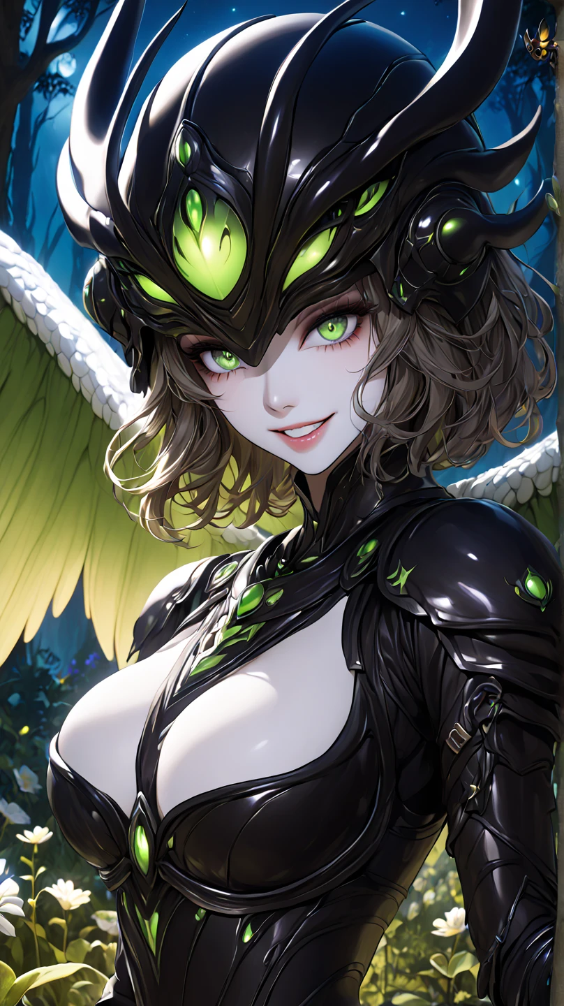 tmasterpiece，（best qualtiy），（ultra - detailed），（Hyper-realistic：1.2），scenecy，sci-fy，transistorpunk，cyber punk perssonage，Biopunk，（MagazineCover：1.4），（greys，white colors），Female giant robot，sunhat，耳Nipple Ring，Mechanical angel wings on the back，Angel wings，Future town，dynamicposes，dynamic angle，Luxury，（golden colored，Silvertone，green color），neonlight，（（gigantic cleavage breasts））