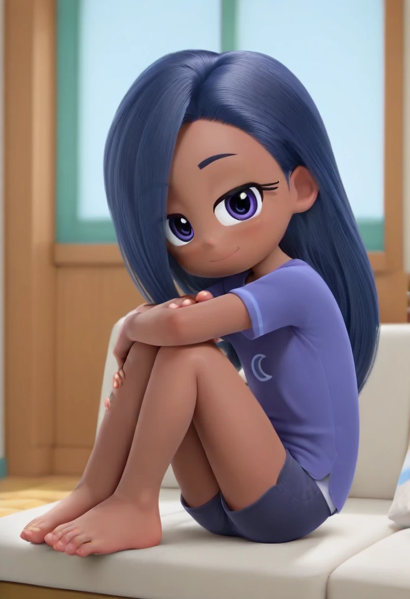 , masterpiece, perfect_style, best quality, highly detailed, amazing quality, youngkid, short height, outlining, absurdres, excited, smile,

Indigo_KeenRB, 1girl, solo, dark skin, indigo eyes, wavy hair, indigo hair, hair covering left eye, yellow ring, light indigo hoodie, black skirt, detailed_fingers, grey_underwear, foot soles,

barefoot (5_toes, five_toes), legs crossed, detailed feet, side view, feet on sofa, detailed toes, front shot, in a bedroom, by the window,  a boy, Indigo darling my  are delicious right? 