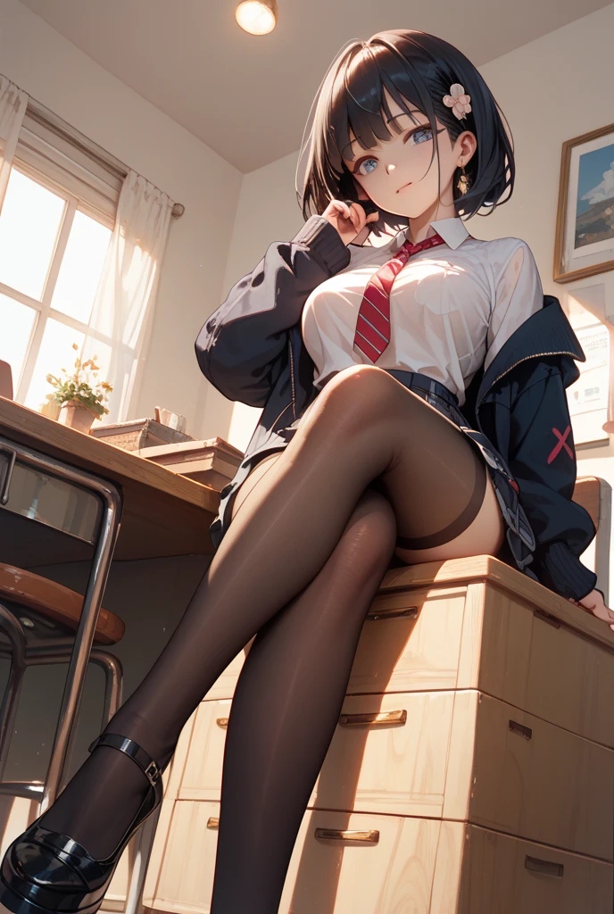 (masterpiece), 4K,woman,I have a broom,Housewife,There are,Small breasts,Small Ass,Bobcut,Light bulb lighting,Realistic, skinny, Amis Stockings,smile,sit,((Knee-length pencil skirt)),
