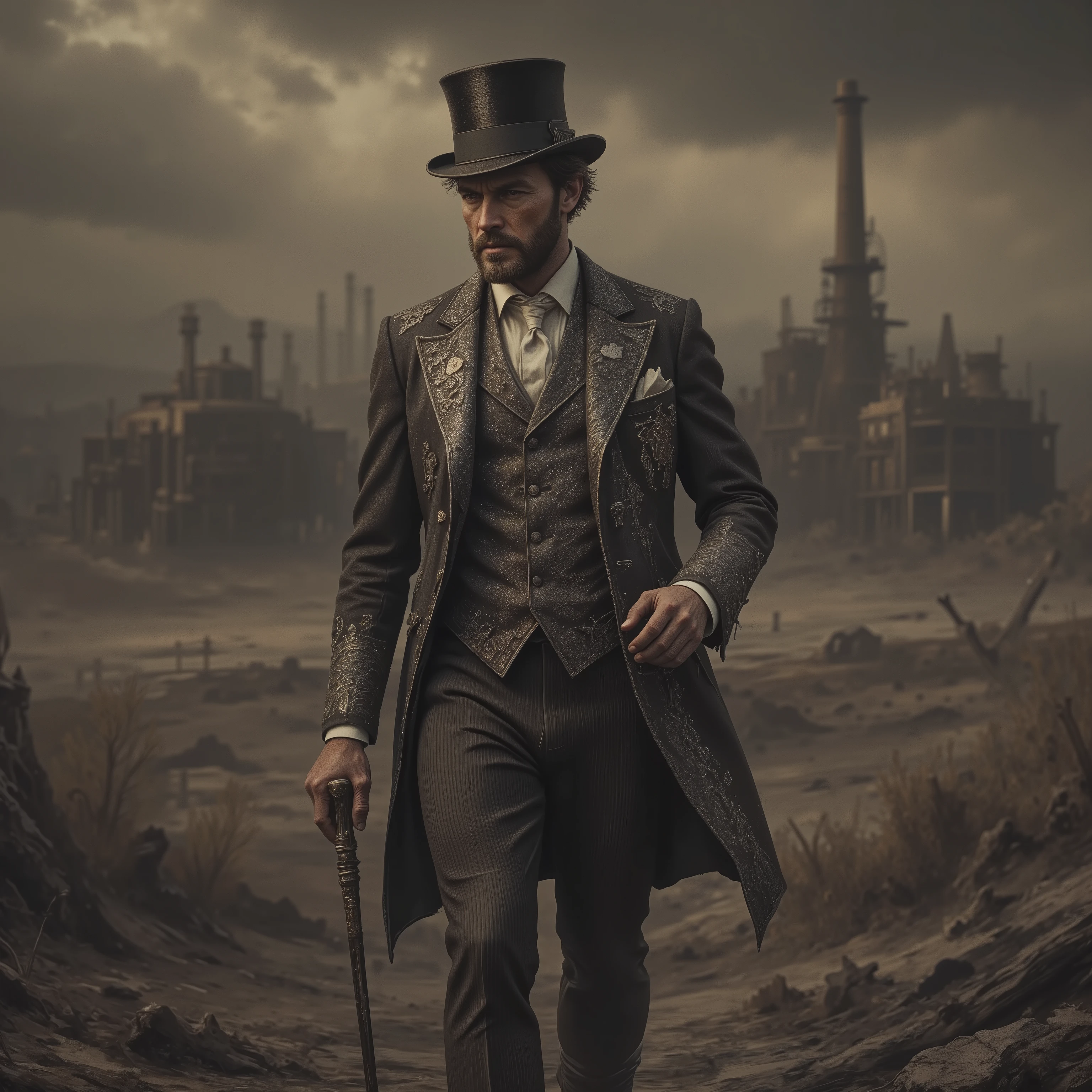 solo,detailxl, Top Hat, Walking stick, formal suits with silver embroidery, noble man, dystopia background, landscape,traveler