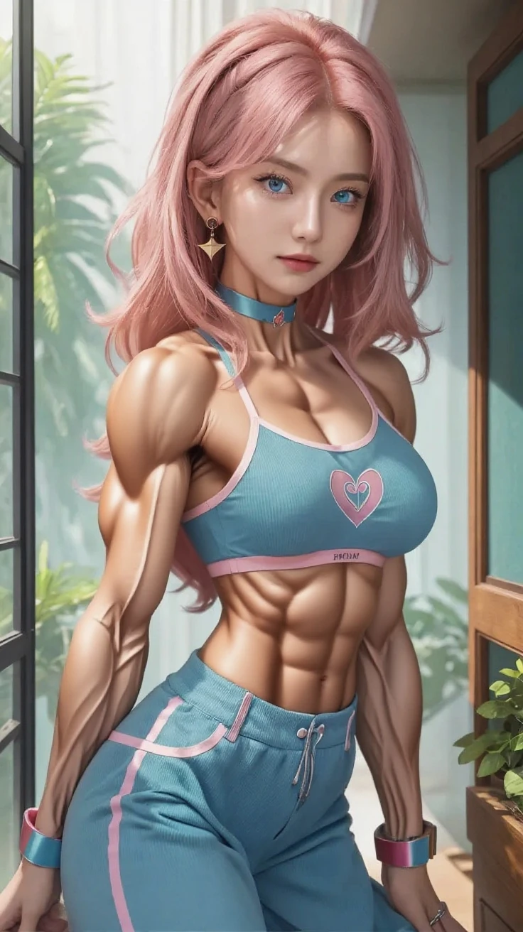 (masterpiece, best quality:1.37), ultra-detailed:1.37, hyper-sharp:1.37, anime style, An illustration of a pink hair female bodybuilder, The bodybuilder is 2m tall and has a muscular build. A bodybuilder wears a punk-Pink-T-shirt and a shorts, sunglasses, exposing her muscles. A bodybuilder is standing in a night street under red full-moon, seductive evil smile, open mouth, pretty face, looking the viewer, view viewer, pink aura background, oily skin,