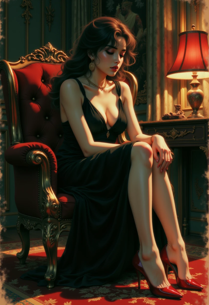 score_9, score_8_up, score_7_up, 1girl, curvy, 25yo, sexy, full body, shapely body, long chestnut brown Hair, voluminous bun, sleek white kimono, off shoulder, seductive pose, legs apart, sensual lips, flirty look on face, black couch, holding wine, natural breasts, perfect anatomy, legs, surrounded by smoke, flirting, leaning on couch, crownbraid ponytail