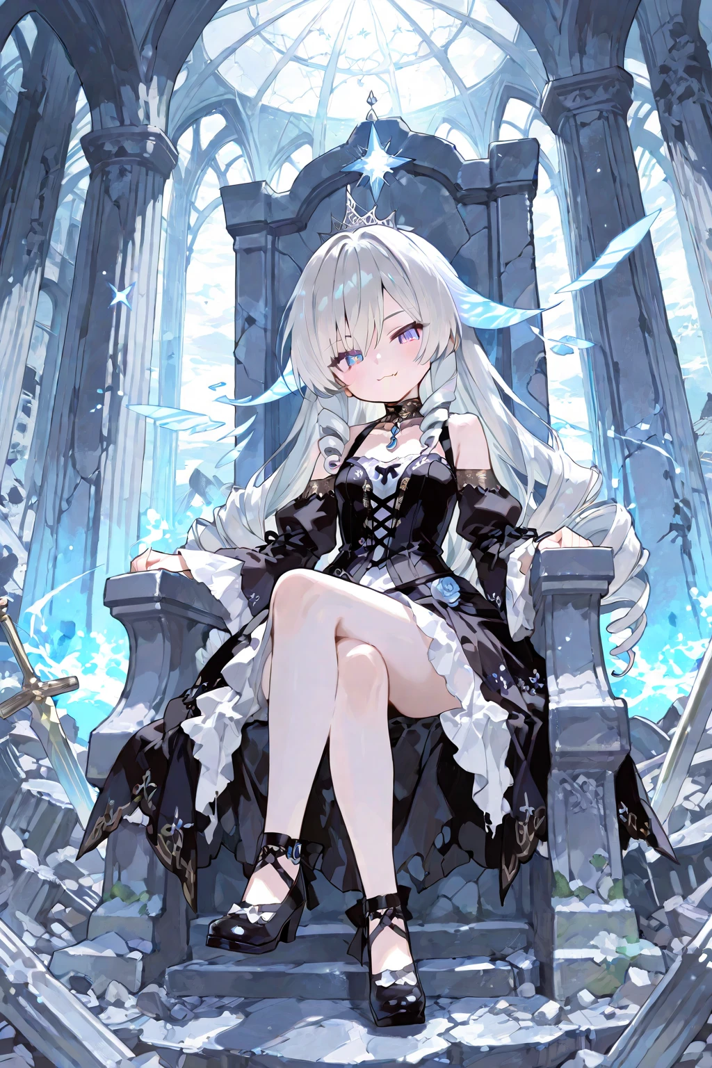 Water droplets dripped onto the chest,A Midsummer Night's Dream,long slim legs,silverlong hair,mature female,lace choker,Mom hairstyle,Gracefully tie up your hair,Ice stockings,Translucent sleeveless long skirt,Leg ties,Delicate earrings,crystal pendants,Streamer effects,8K quality,Brilliant light and shadow,Heavy fog,Sense of brokenness,Shadows,Great waterfall behind you