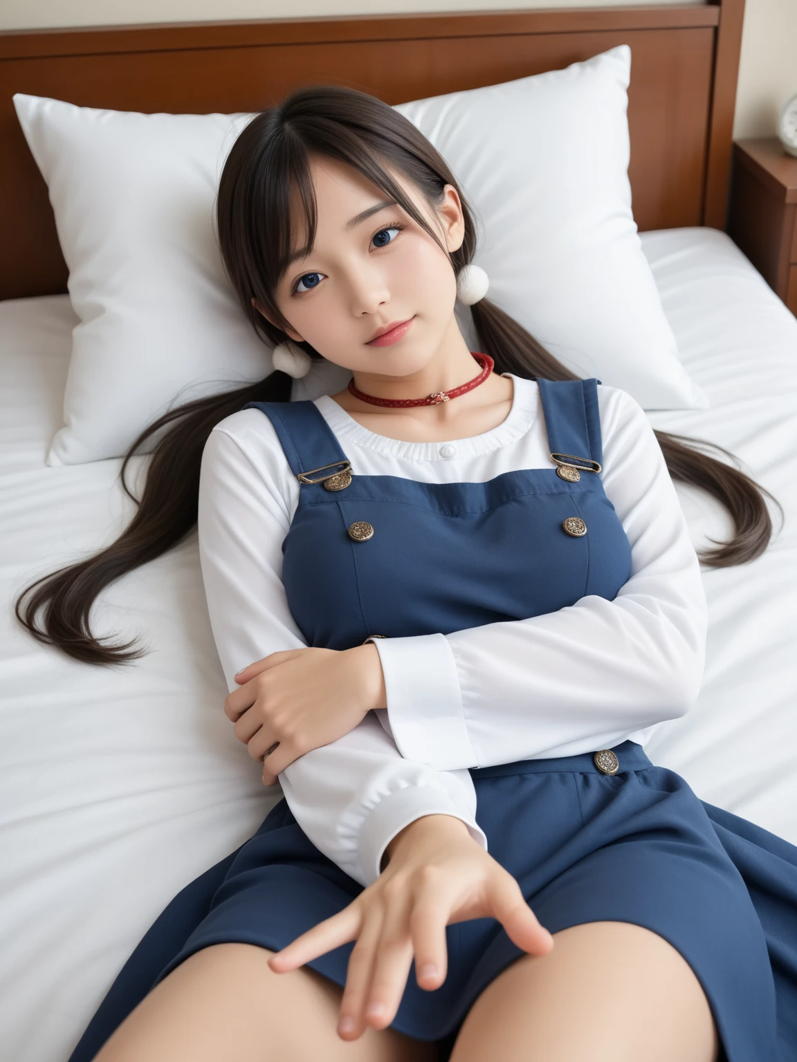 (masterpiece, best quality),
1girl, lying, on back, sleeping with many cats, from above, cat on stomach, cowboy shot,
break, girl, serafuku, white shirt, long sleeves, black skirt, brown hair, twintails, small breasts, blue neckerchief, blue and white striped panties, cameltoe,
break background, indoors, window, on bed, pillow