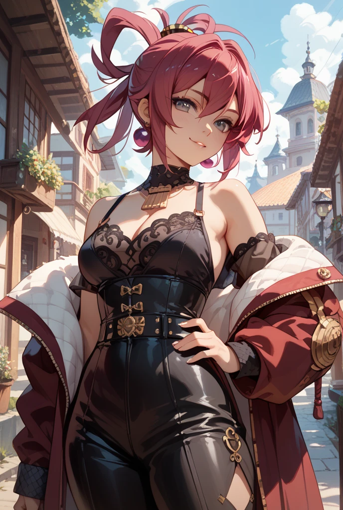 <lora:breast_curtain_dancer:0.8> breast curtains, breasts apart, pelvic curtain, see-through, (purple theme:1.2),, absurdres, ultra detailed, masterpiece, best quality, aesthetic, detailed,, solo, seductive smile, red lips,
1girl, purple eyes, red hair, blunt bangs, large breasts, <lora:hair_rings:1> low hair rings, <lora:EllaNyan:1>,
