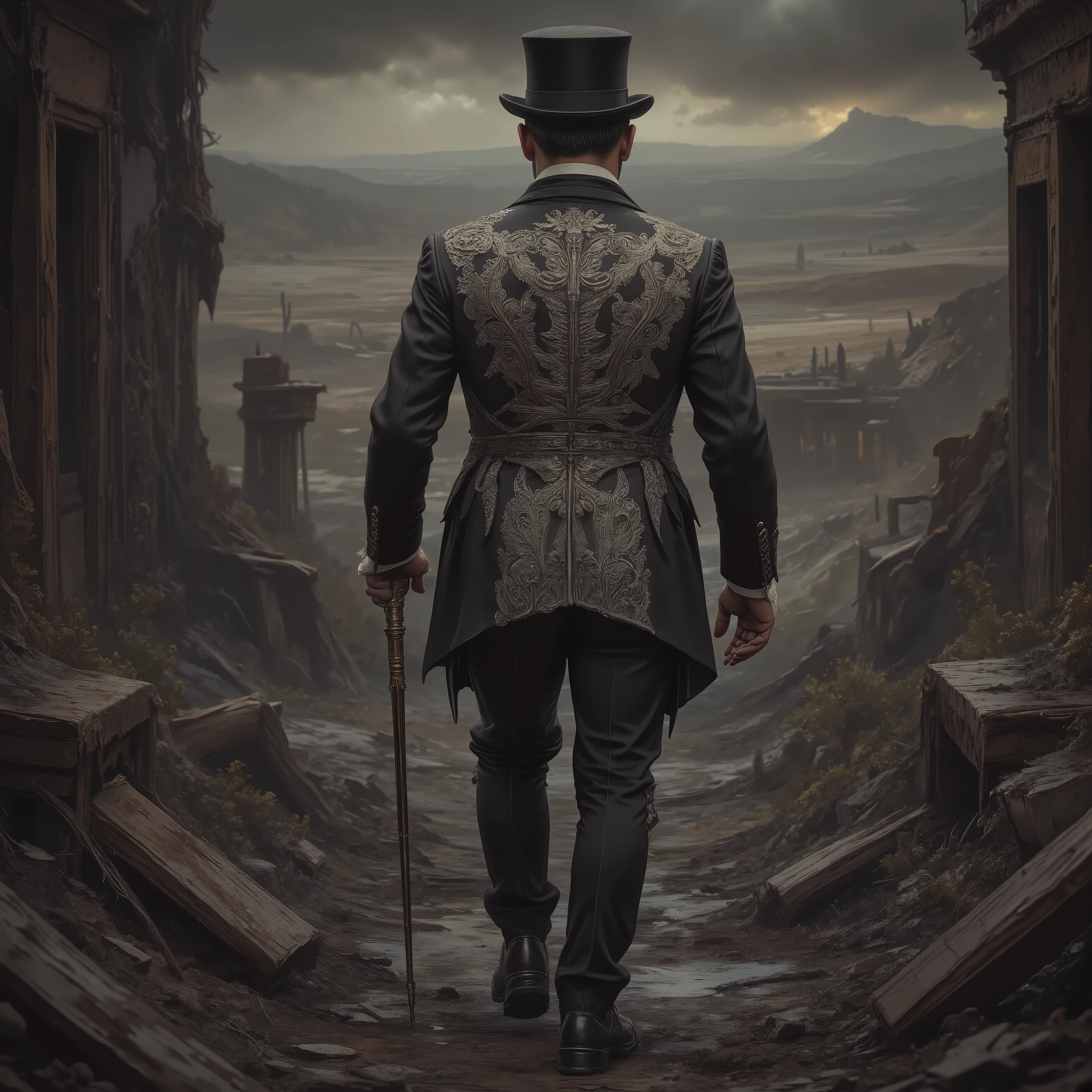 solo,detailxl, Top Hat, Walking stick, formal suits with silver embroidery, noble man, dystopia background, landscape,traveler, from behind,distant view