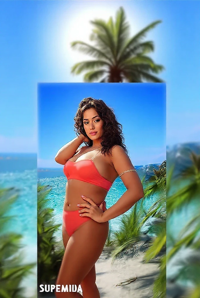 woman in red top and white shorts on beach with umbrella, red bikini, dressed in belts bikini, red hot, gorgeous bikini model, red and white colors, red and white, all red, sultry body with sexy belly, red and white neon, vibrant red, vibrant red colors, red bra, wearing a red outfit, fine details. red