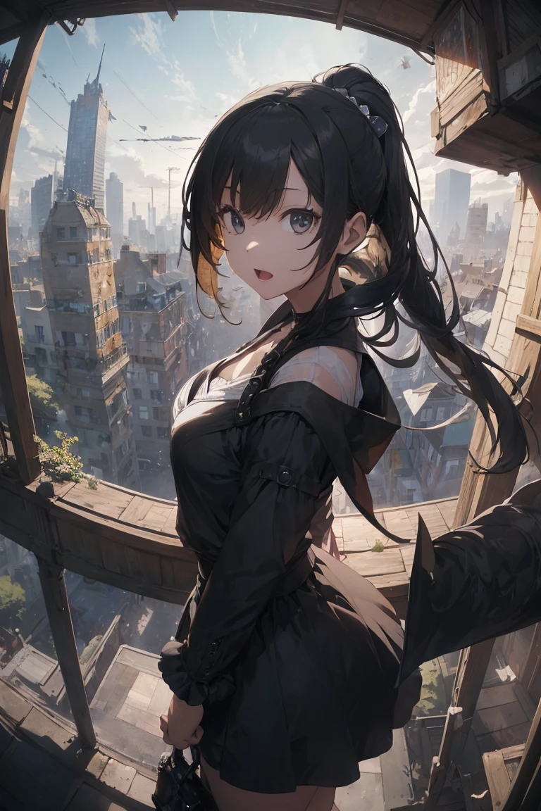 short length bangs, tmasterpiece, Best quality at best, A high resolution, 1个Giant Breast Girl, ,Lopfe art style,view the viewer,(ssmile:0.6),,Lace bra,Cardigan,Fenced building roof,ventania,