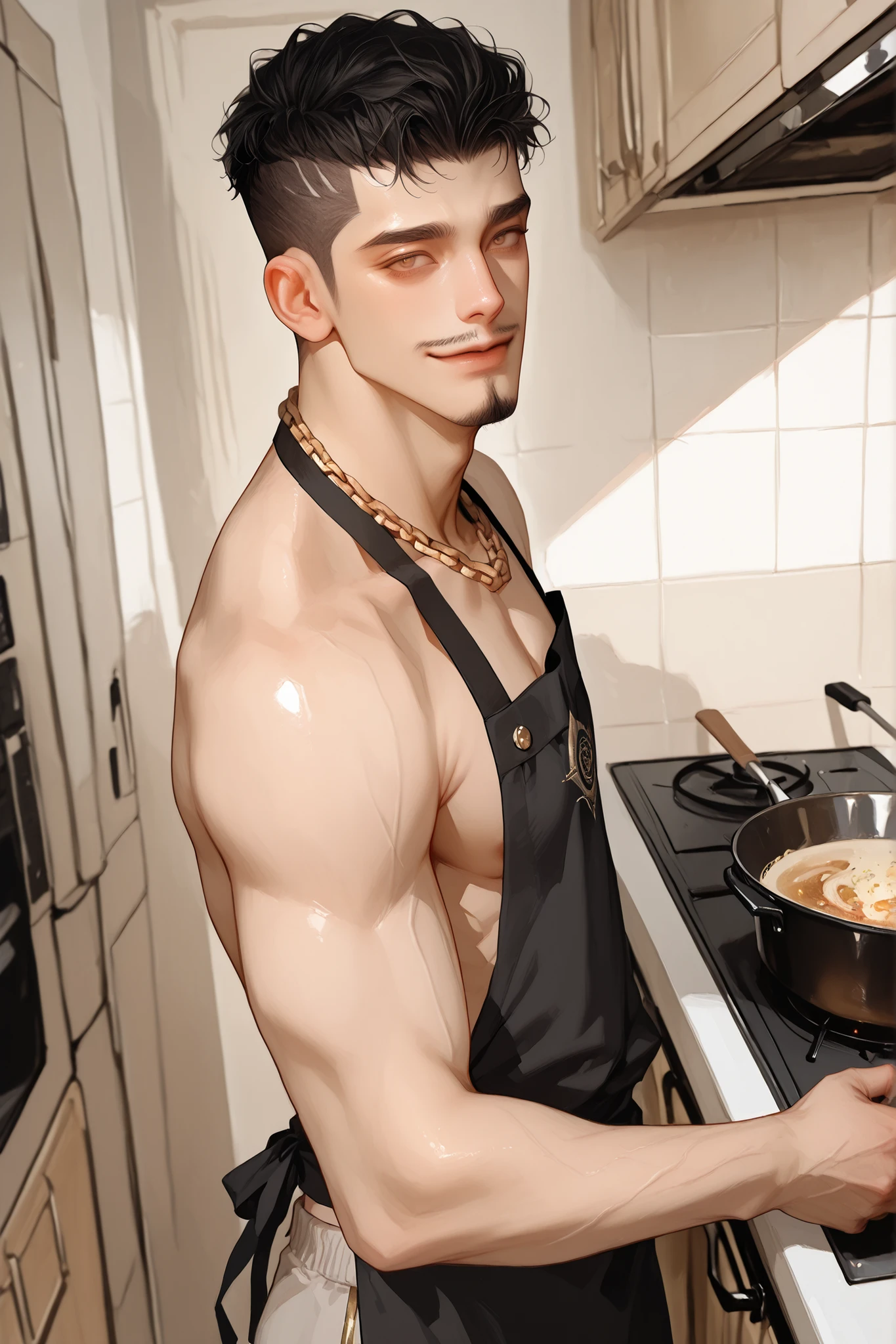 HD quality, high definition, a male chef 18 years old handsome, muscular and slim, red lips, leaning against haystackss, ((exposed vagina)), model with bracelets, earrings, with sunglasses, fully nude and naked body, eyebrowse angry, side view, wearing boots sexy and seductive, with sweat, inside abandoned kitchen room, wearing chef’s hat, spilled water to his body, sexy, glowing skin, oily skin,