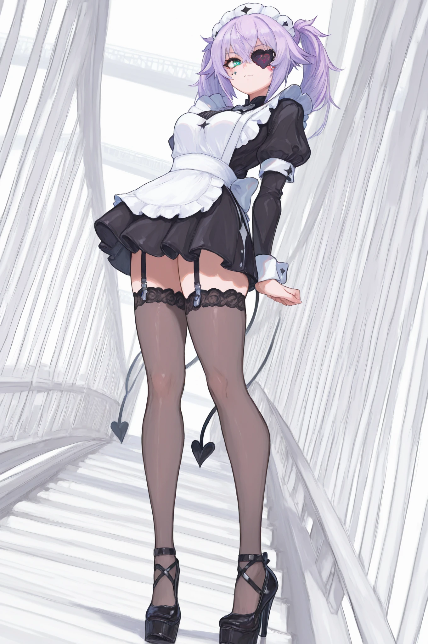 White hair , short hair, pinched eyes, (big-:1.5), Thin legs, thin body, leather collar, Maid outfit victorian, dynamic pose, full body, view from below, wide hips, kneel on the sheet in bed. purple skin, drow elf
