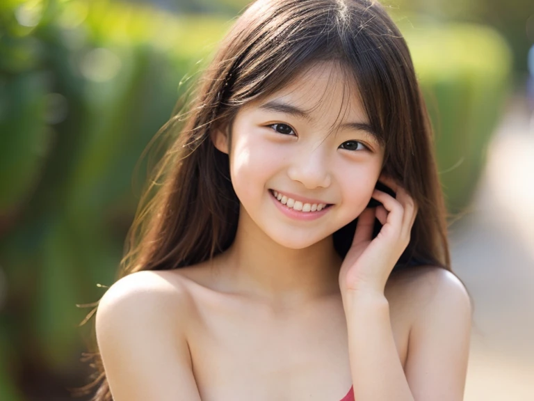 Neat and clean schoolgirl, petite person, (Mini dress, pantiy), shores, (slim, Small, Flat, Small), Short black hair, Photorealistic, detail, Skin Texture, Ultra Detail, Wear sandals, delicate sexy collarbone, Smile, Super Detailed Face, Detailed lips, Detailed eyes, 10years old girl、Delicate eyebrows、Ball bokeh background、Looking at the photographer、colourfull