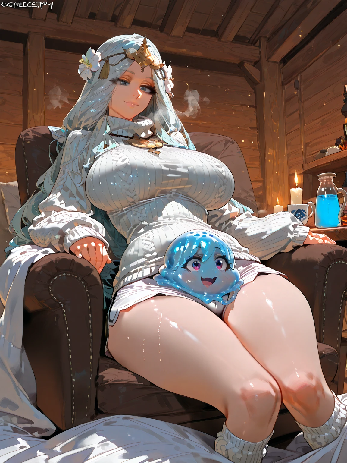 Full body shot+shoe+Sitting(Witch with light blue curly twin tails, Pointed haunted hat and hood, About 22 years old, She makes potions in pots with alchemy, Cute ghosts around, (Lots of stuffed animals in the background!), Fancy cute adults. Alone), raw,Large breasts (slang),Superb Boobs, Cute, Big eyes, very fine eyes & Face, Fine eyes, Jaizo, best, 、Blue eyes、robe blanche、Real Face、no nsfw、She is holding a baby、Witch holding baby、The Witch and the Baby