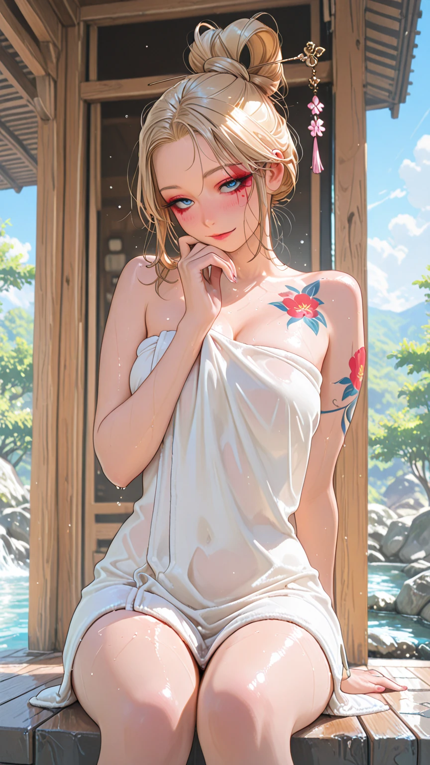 A beautiful slender thin exquisite naked girl with a perfect exquisite face with red hair with tender breasts with tender nipples barefoot drinks coffee on the veranda of the house under the blooming sakura and looks dreamily at the flowers, in a gentle watercolor style, Discreet shades, sfumato, haze, diffused dim light, delicate mint shades, imitation of film photography