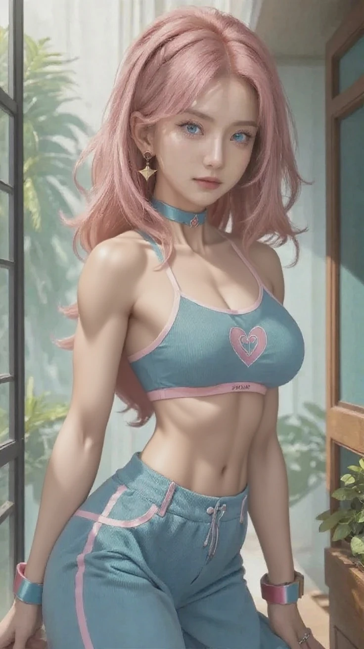Honoka, bedroom, ultra skimpy blue white schoolgirl shirt, abs, feminine toned, seductive face, sexy, fighter pose, biceps, cotton panties, skinny