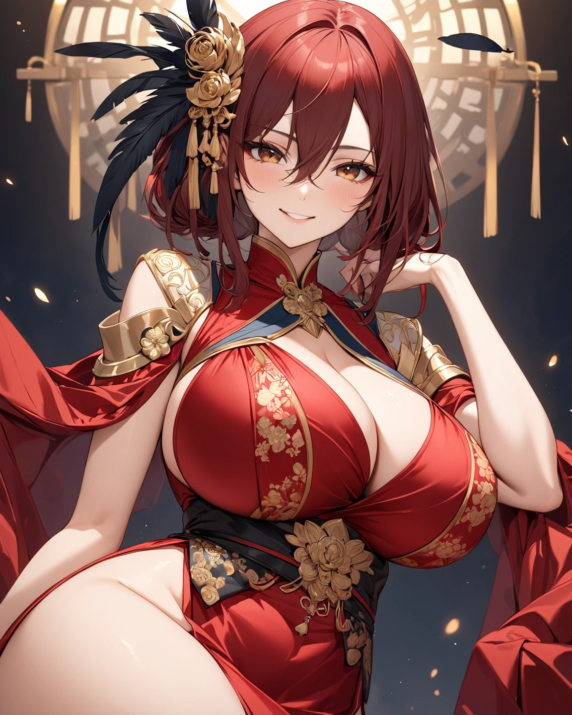 A girl, busty, Red hair, elegant china idol.