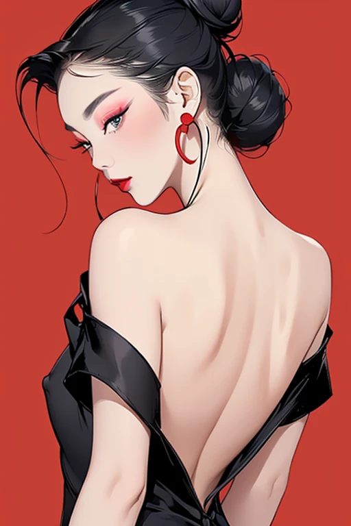 tsuruta ichiro, Narrow-eyed, 1girl in, Allback、deadpan、short-hair、shorth hair、brow、Reluctance、A dark-haired、Tucked Hair Solo, Cowgirl, Onepiece, ((mideum breasts)), Thin slit eyes、Black eyes, Light shines on the eyes、Black hair, gloves, Dress, Luxurious Jewelry, earrings, sharp eye、 elbow groves,Raise your hands and tie your hair back, random color, random color dress, Makeup for long eyes, Slender eyes、lip stick, Complex petal pattern, Rim Light, Back Light, pastel color,Studio Lighting