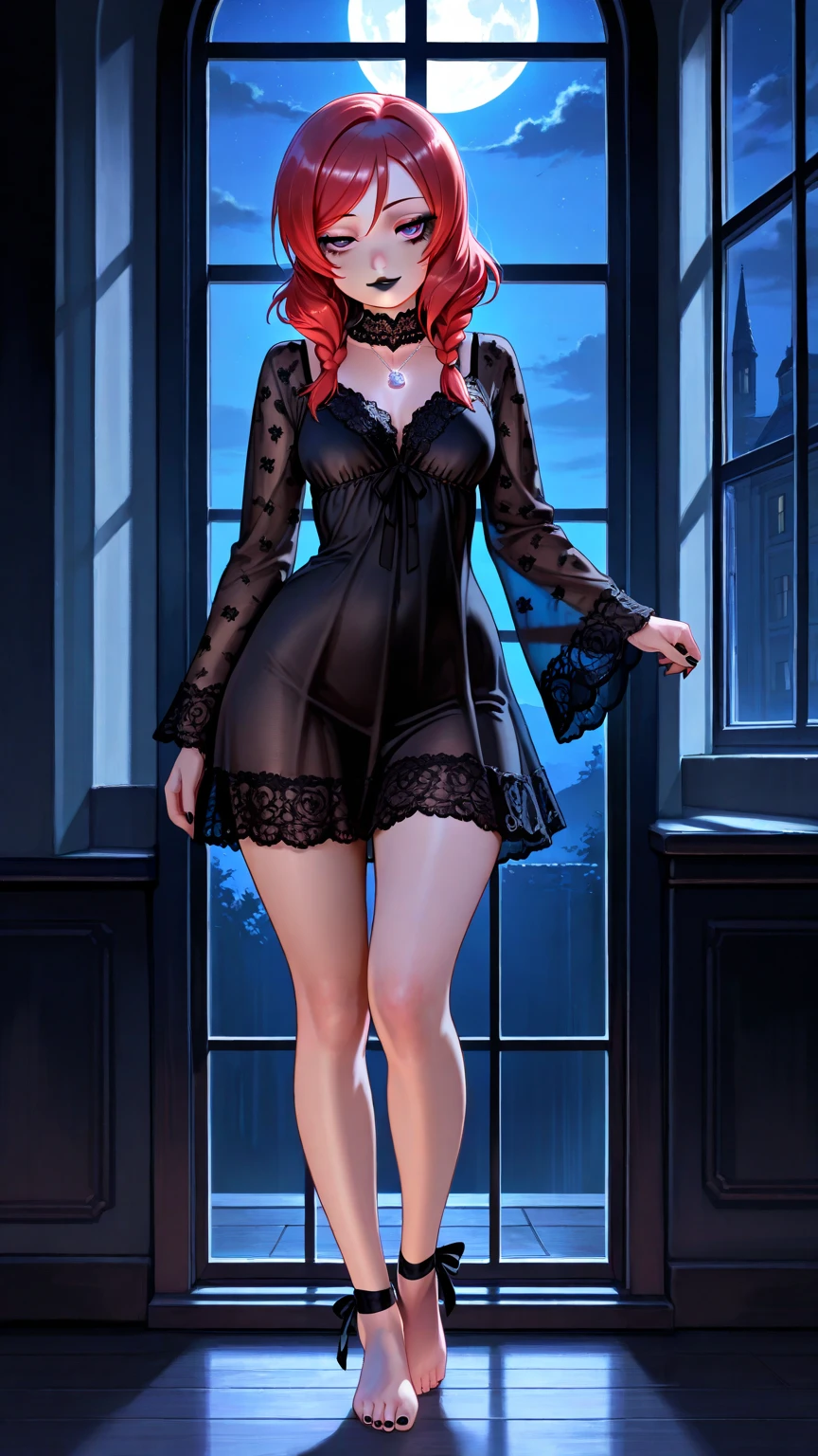 (full body:1.4), Tall, slender ((redhead)) woman of Irish descent. (pale:1.3)complexion. blue eyes, cute butt, nice legs. Kind eyes, naughty smile. Eyeglasses, red lipstick, choker. Sheer lace lingerie, (black stockings), stiletto heels. (Aroused).