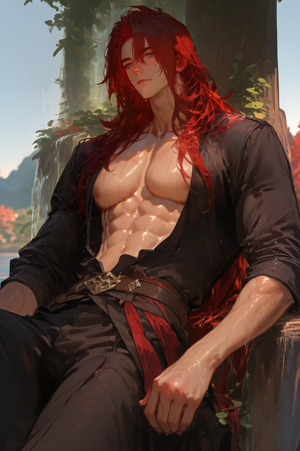 (hyper-realistic digital illustration), like a renaissance sculpture, hires, best quality, boy wearing micro black tiny thong, see-through black thong, , front view, lying on his back, holding legs raised, athletic body, (white skin), bare chest, flat chest,(long orange hair scruffy ), serene expression, small waist, muscular.