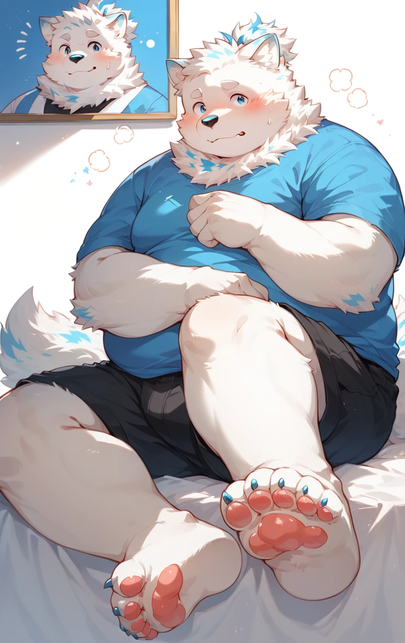 hairy，（Wolf，Naked from the waist down，Light-colored shorts，Black-rimmed glasses，），beard，white fur，male，Common，full-body shot， bathroom，tub，lying down，Blushing shy expression，There are fallen leaves，Sunlight，Detailed background，Extremely lifelike shadow，masterpiece，Very detailed，lifelike, big bulge,