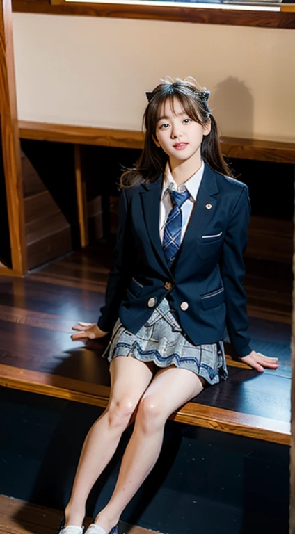 (8K), (highest quality: 1.2), (realistic), (realistic: 1.37), ultra high resolution, 1 girl, cute, smile, closed mouth, beautiful details, beautiful nose, black eyes,beautiful black hair,,giant dulcefo, pork, thighs,self snap,University Student Uniform,Sitting on a couch in a fast food restaurant,simple blazer,gray pleated skirt,(The tie has a tartan check pattern...:1.3), (close up on face),(From above),(Opaque blue knee-high socks:1.2)