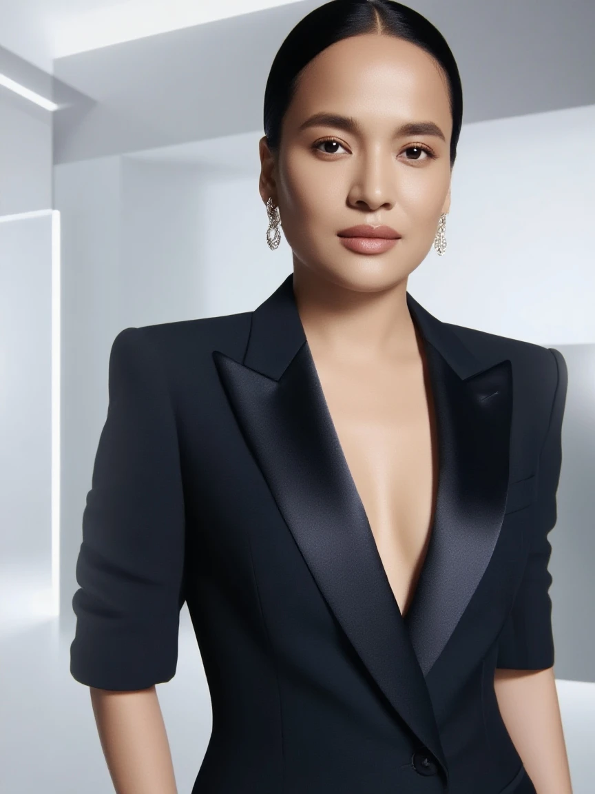 Lucy Liu dressed in gala clothes in a gallery with a sexy smile