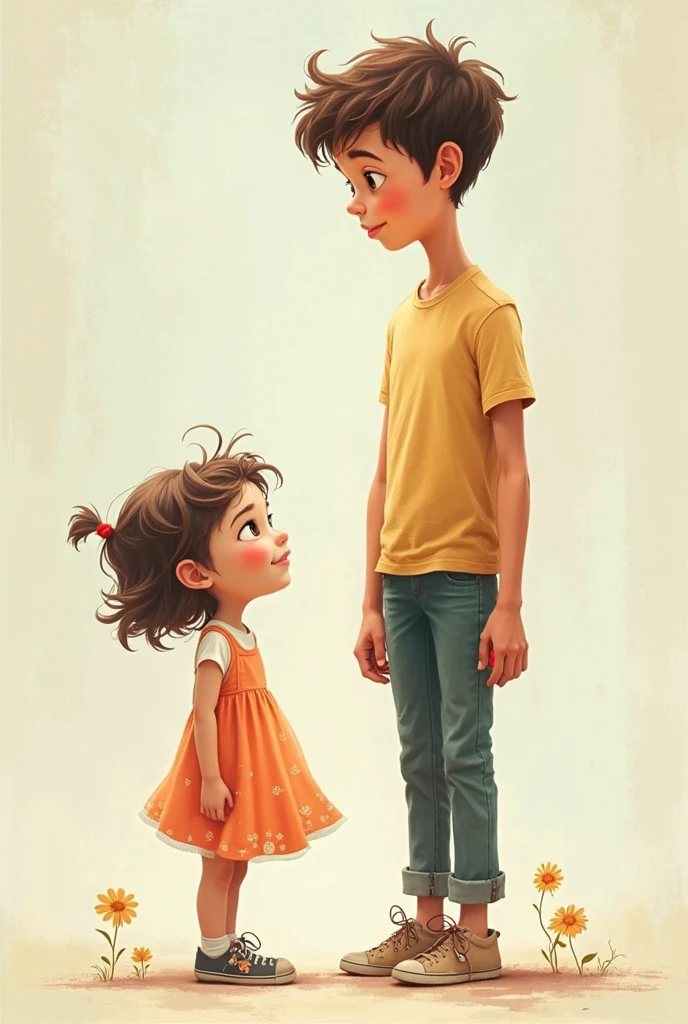 Tall girl with bangs and short boy has cute cubby cheeks  