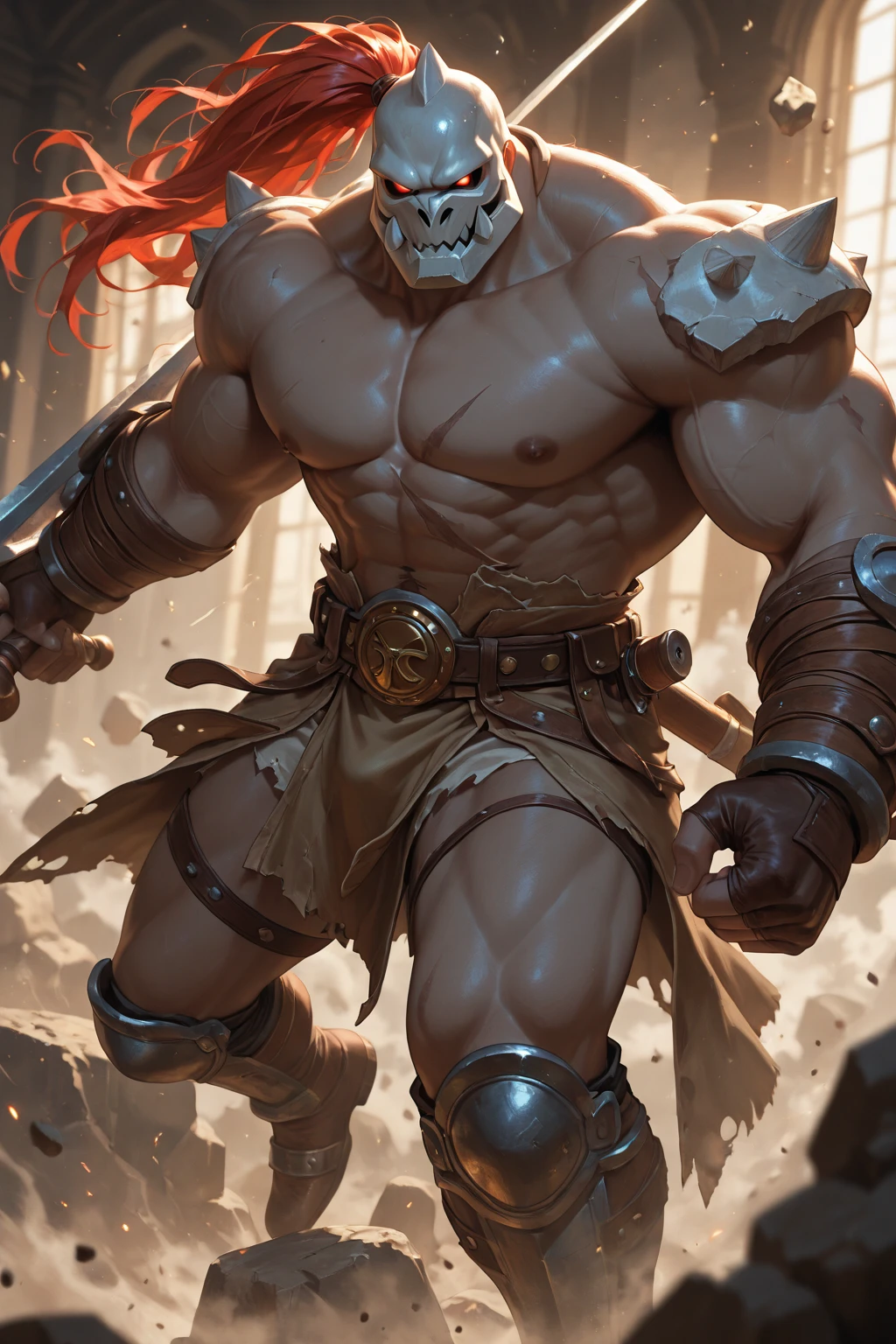 4rmorbre4k, torn clothes, broken armor, debris, injury, pained expression, embarrassed, blush, pectorals, abs, ((fighting stance)), dynamic pose, medieval fantasy background, close up, face portrait, full armor, from side, best quality, masterpiece, realistic, (detailed background), depth of field, intricate details, 8k, art by greg rutkowski, detailed skin texture, detailed face, realistic eyes, male focus, photo of a man,