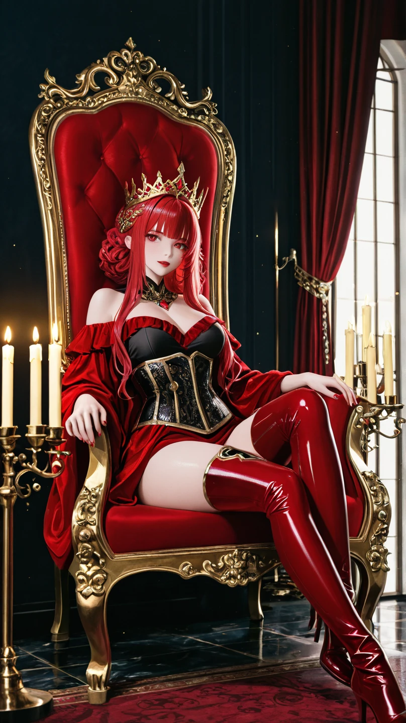 arafed woman in a red dress sitting on a gold throne, castlevania witch, succubus in tight short dress, flirty anime witch casting magic, Commission for high resolution, some red and purple, beautiful sorceress, evil sorcerer, portrait of jinx from arcane, scary queen of death, pretty sorceress, beautiful elegant demon queen