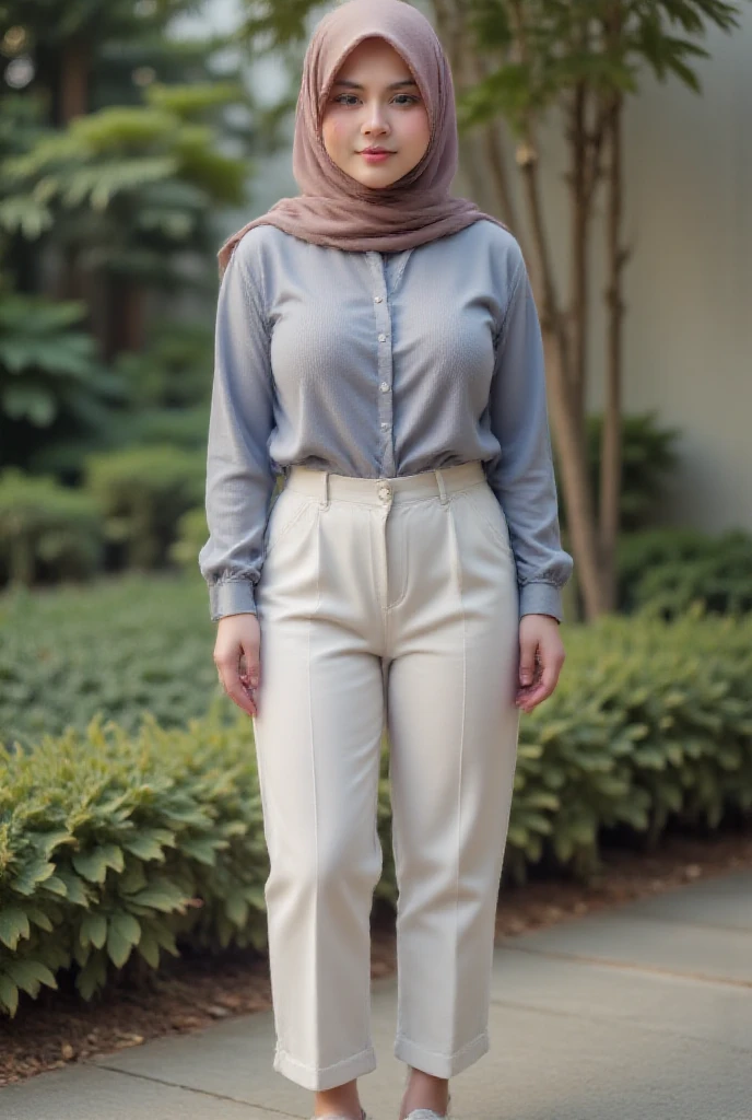 woman,((30 years old)), shirt, beautiful face, white skin, soft smile, pants, hijab